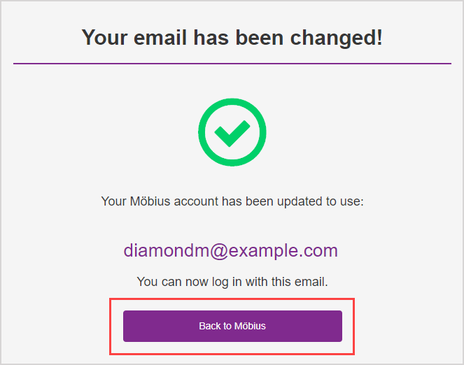 The "Back to Möbius" button appears in the email change success message.